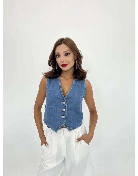 Omarı Yırtık Detaylı Mavi Kot Yelek