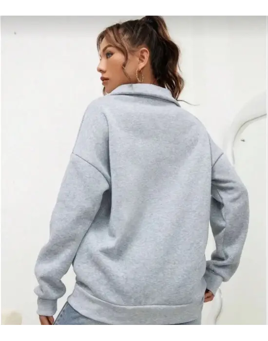 Omarı Yarım Fermuarlı Yakalı Gri Basic Sweatshirt
