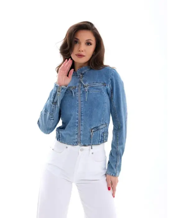 Omarı Yırtık Detaylı Mavi Kot Ceket