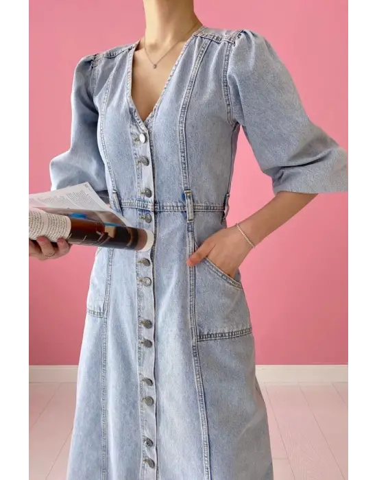 Omarı Yumuşak Dokunuşlu Balon Kol Kot Elbise