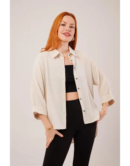 Kol Katlama Detaylı Bej Gömlek