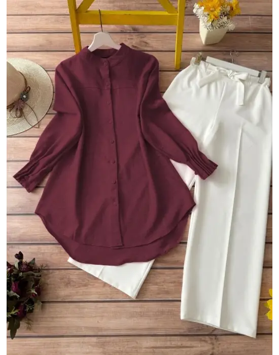 Kol Manşeti Drapeli Oval Kesim Gömlek       -Bordo