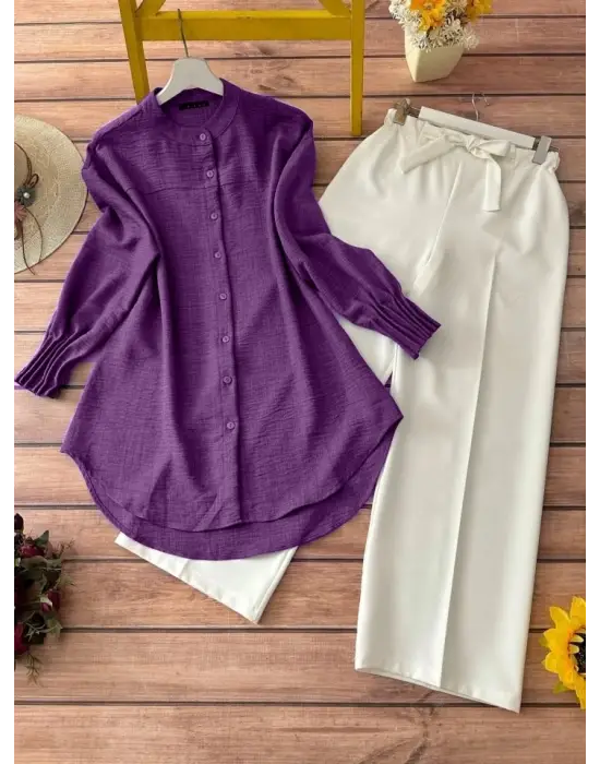 Kol Manşeti Drapeli Oval Kesim Gömlek          -Mor