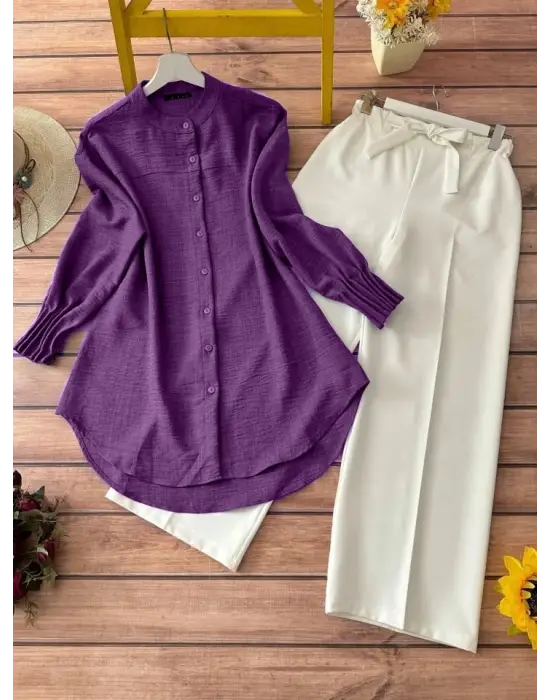Kol Manşeti Drapeli Oval Kesim Gömlek          -Mor