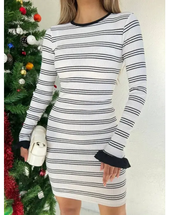 Kol Ucu Volan Çizgili Kaşkorse Elbise -Beyaz