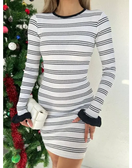 Kol Ucu Volan Çizgili Kaşkorse Elbise -Beyaz