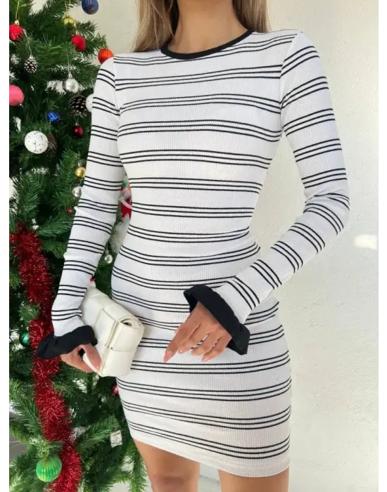 Kol Ucu Volan Çizgili Kaşkorse Elbise -Beyaz