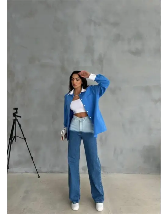 KOL VE MANŞET BEYAZ KAPALI PİLE DETAYLI GÖMLEK - Mavi