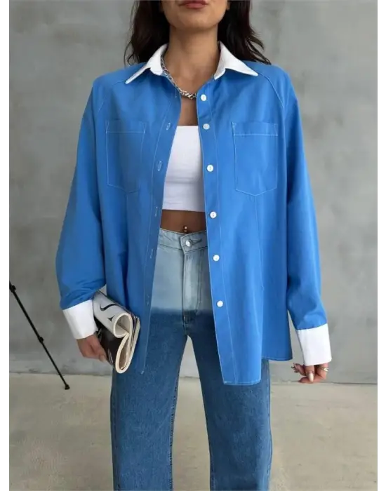 KOL VE MANŞET BEYAZ KAPALI PİLE DETAYLI GÖMLEK - Mavi