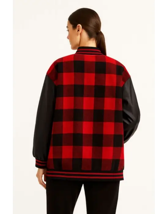 Bordo Kolları Suni Deri Oduncu Ceket