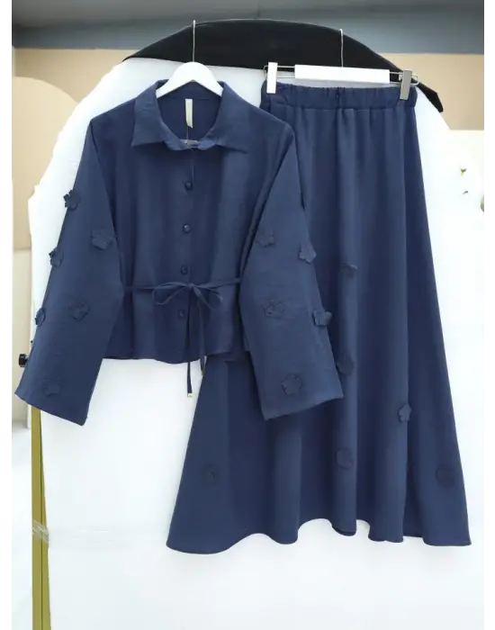 Kolları Ve Eteği Çiçekli Beli Bağcıklı Gömlek Etek İkili Modal Takım  -Laci