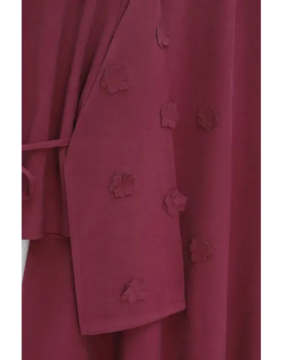 Kolları Ve Eteği Çiçekli Beli Bağcıklı Gömlek Etek İkili Modal Takım   -Mürdüm