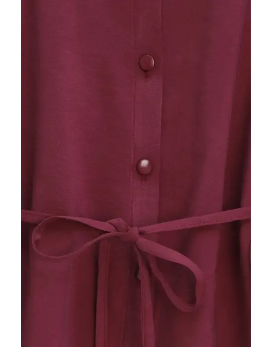 Kolları Ve Eteği Çiçekli Beli Bağcıklı Gömlek Etek İkili Modal Takım   -Mürdüm