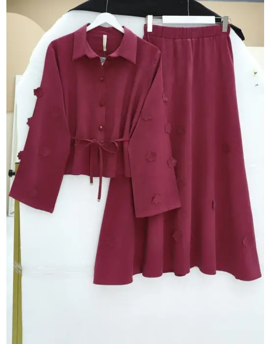 Kolları Ve Eteği Çiçekli Beli Bağcıklı Gömlek Etek İkili Modal Takım   -Mürdüm