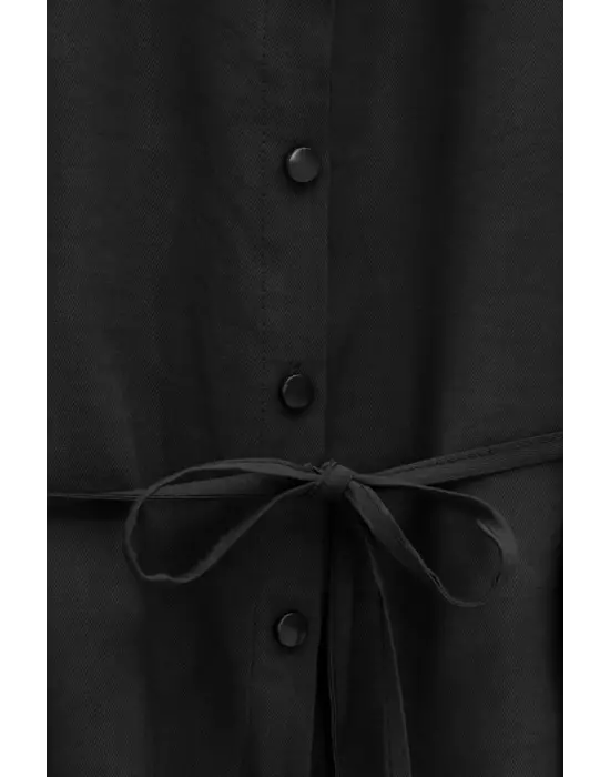 Kolları Ve Eteği Çiçekli Beli Bağcıklı Gömlek Etek İkili Modal Takım  -Siyah