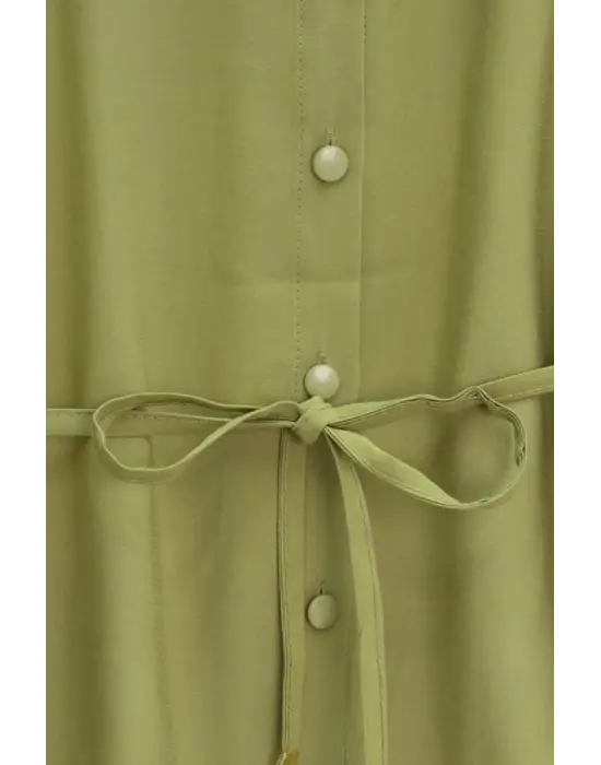 Kolları Ve Eteği Çiçekli Beli Bağcıklı Gömlek Etek İkili Modal Takım  -Yağ Yeşili