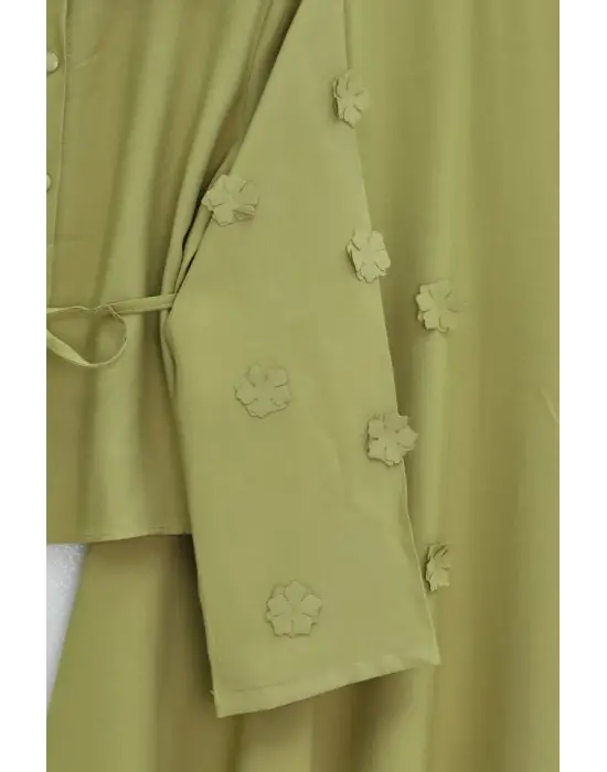 Kolları Ve Eteği Çiçekli Beli Bağcıklı Gömlek Etek İkili Modal Takım  -Yağ Yeşili