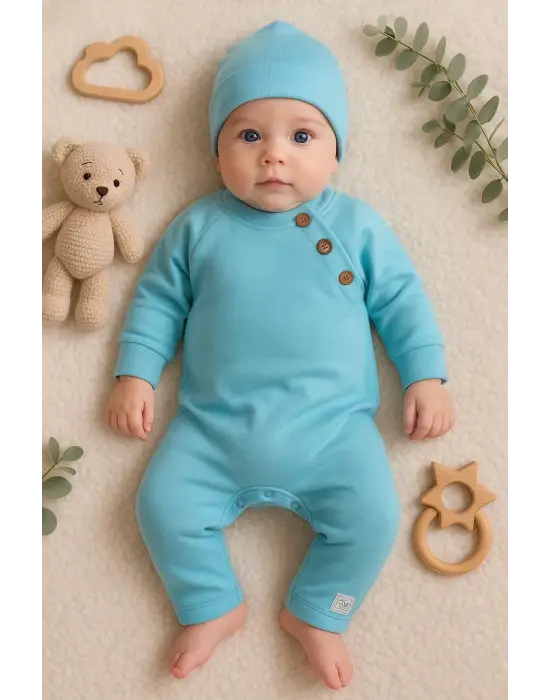 Kollu Düğme Detaylı Unısex Bebek Tulumu