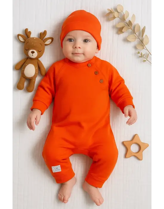 Kollu Düğme Detaylı Unısex Bebek Tulumu
