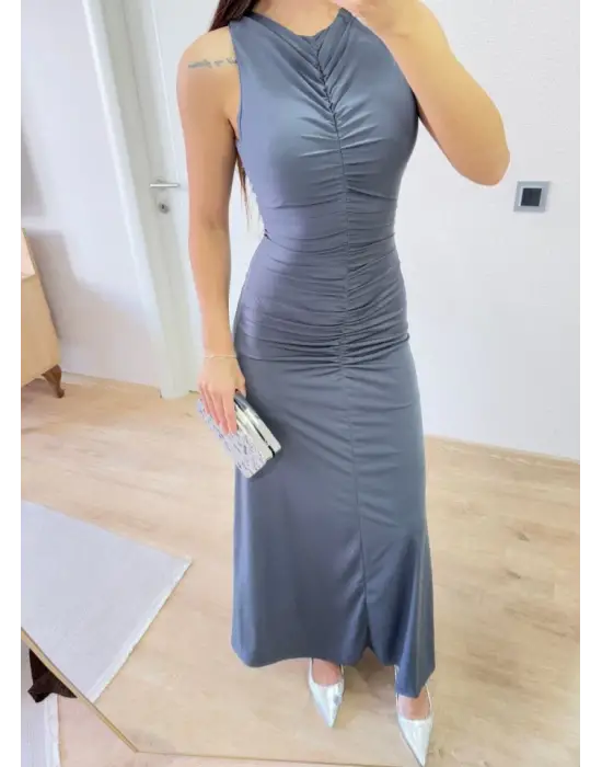 Kolsuz Büzgülü Uzun Elbise - Füme