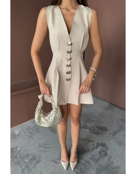 Omarı Altın Düğmeli Kolsuz Kısa Elbise - Bej
