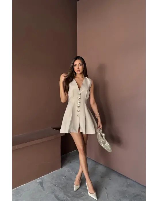 Omarı Altın Düğmeli Kolsuz Kısa Elbise - Bej