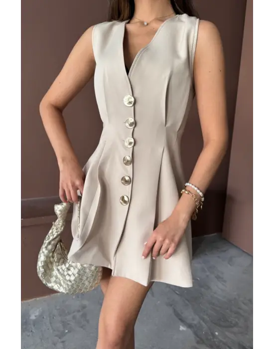 Omarı Altın Düğmeli Kolsuz Kısa Elbise - Bej