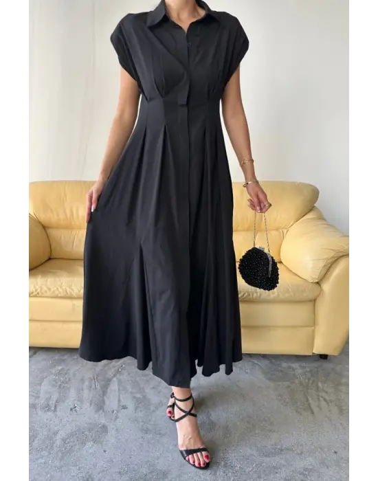 Omarı Poplin Elbise - Önden Düğmeli Bel Pens Detaylı - Siyah