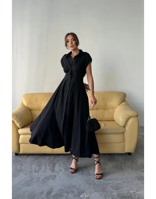 Omarı Poplin Elbise - Önden Düğmeli Bel Pens Detaylı - Siyah