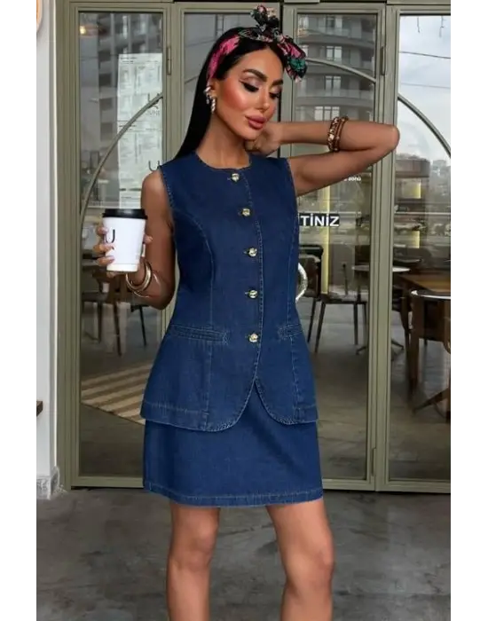 Kolsuz Yelekli Mini Etekli Denim Takım 10164