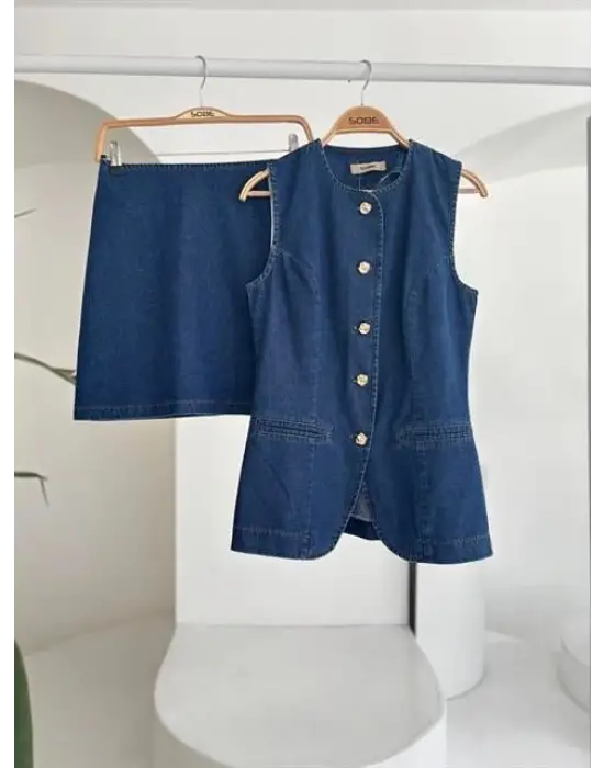 Kolsuz Yelekli Mini Etekli Denim Takım 10164