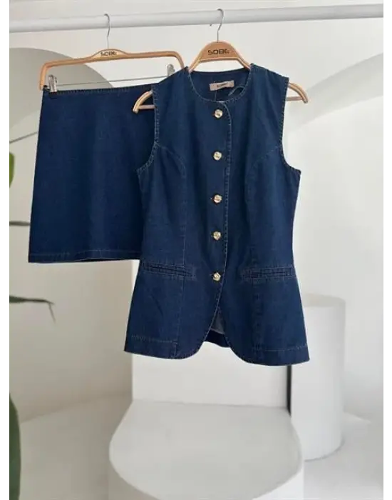 Kolsuz Yelekli Mini Etekli Denim Takım 10164
