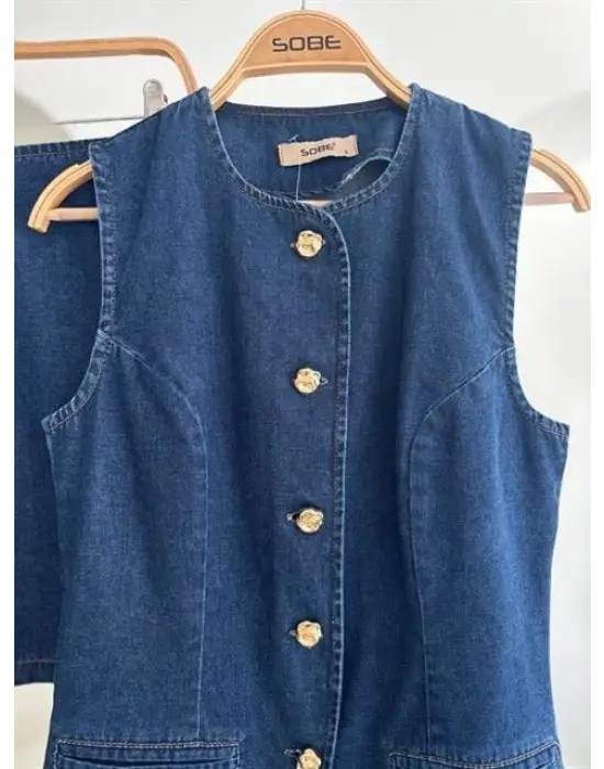 Kolsuz Yelekli Mini Etekli Denim Takım 10164