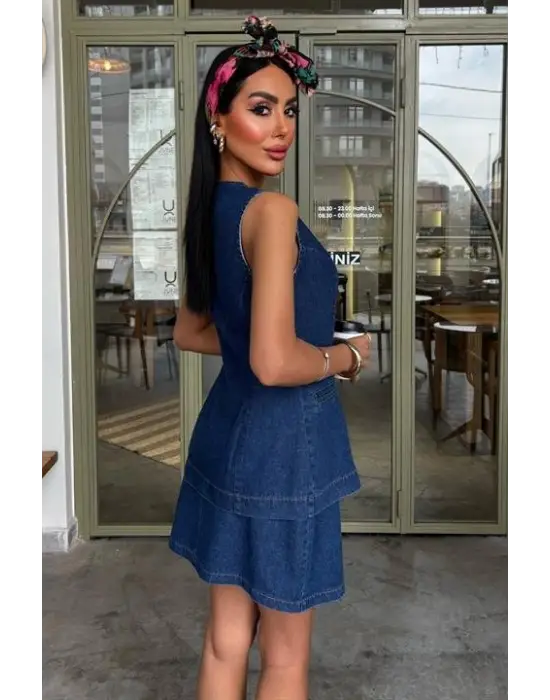 Kolsuz Yelekli Mini Etekli Denim Takım 10164