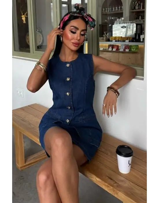 Kolsuz Yelekli Mini Etekli Denim Takım 10164