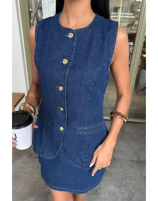 Omarı Kolsuz Denim Takım Etekli Tarzı