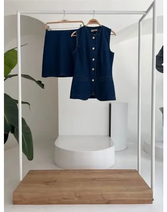 Kolsuz Yelekli Mini Etekli Denim Takım 10164