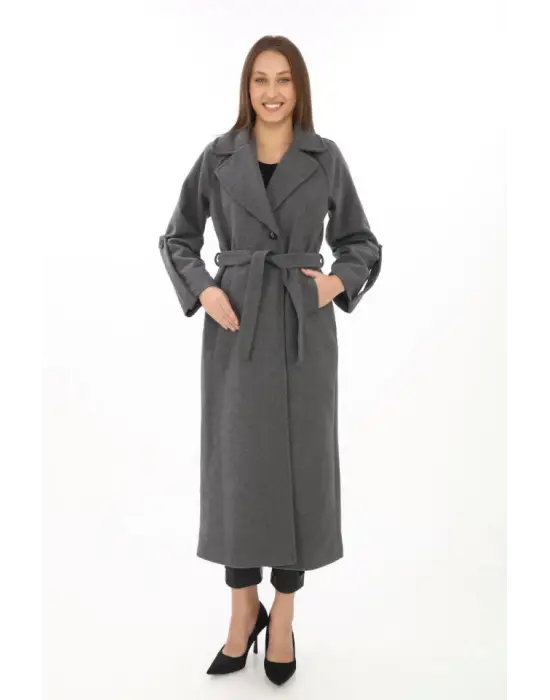 Kolu Apoletli Astarlı Kaşmir Kaşe Kaban - Füme