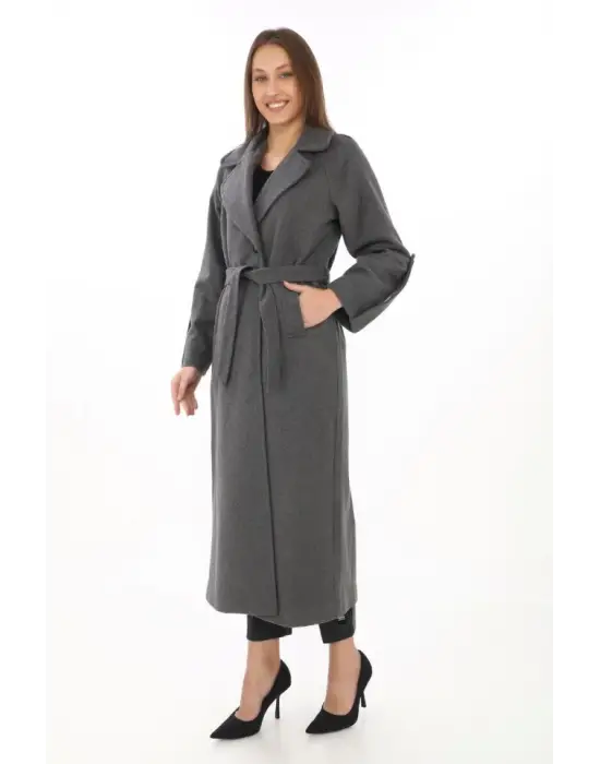 Kolu Apoletli Astarlı Kaşmir Kaşe Kaban - Füme