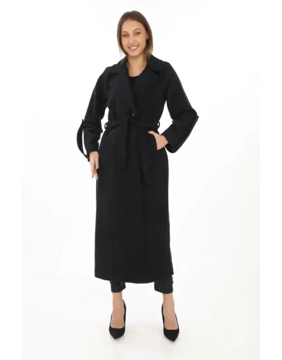 Kolu Apoletli Astarlı Kaşmir Kaşe Kaban - Siyah