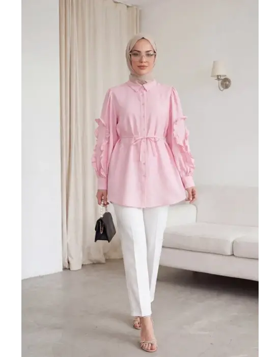 Kolu Fırfırlı Taşlı Düğmeli Bağlamalı Gömlek  -Pembe