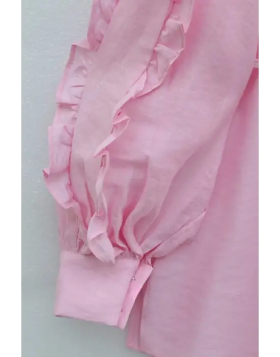 Kolu Fırfırlı Taşlı Düğmeli Bağlamalı Gömlek  -Pembe