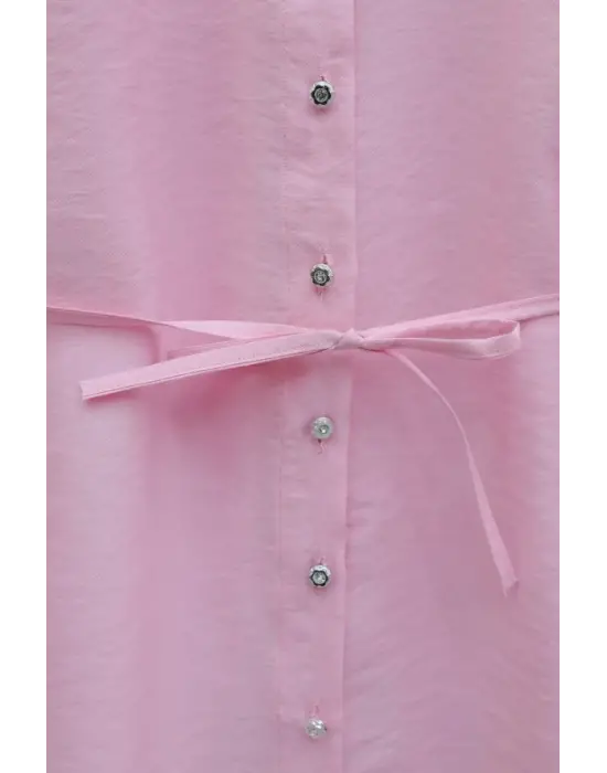 Kolu Fırfırlı Taşlı Düğmeli Bağlamalı Gömlek  -Pembe