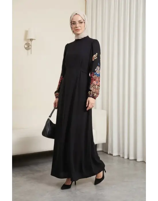 Kolu İşleme Tüllü Bağcıklı Kalem Elbise  -Fuşya