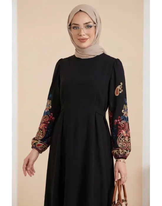 Kolu İşleme Tüllü Bağcıklı Kalem Elbise  -Fuşya