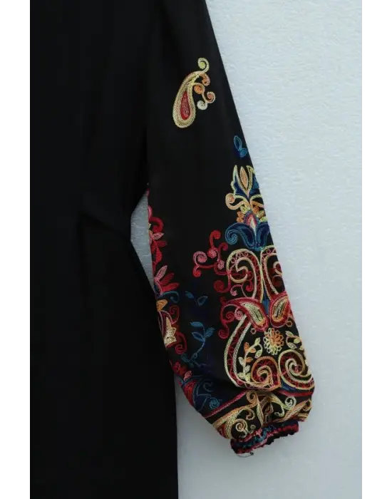 Kolu İşleme Tüllü Bağcıklı Kalem Elbise  -Fuşya