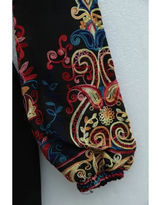 Kolu İşleme Tüllü Bağcıklı Kalem Elbise  -Fuşya