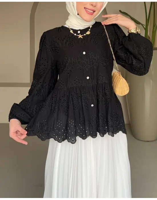 Kolu Lastikli Ajurlu Düğmeli Astarlı Gömlek -Siyah