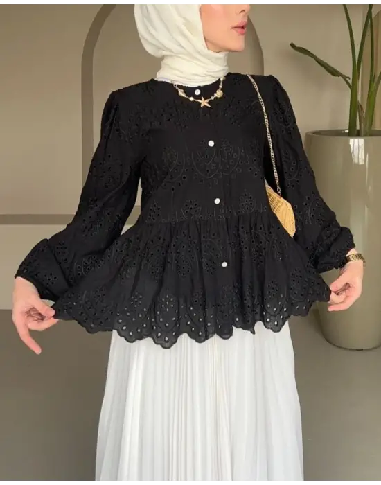 Kolu Lastikli Ajurlu Düğmeli Astarlı Gömlek -Siyah