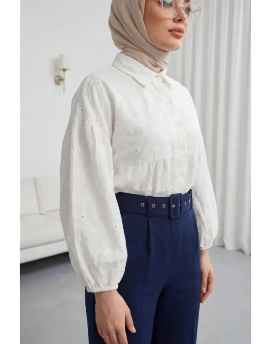 Kolu Lastikli Fistolu Yarı Transparan Keten Gömlek -Beyaz